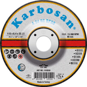 Диск за шлайфане на метал, изпъкнал, KARBOSAN A24RS, Ø 115 x 6.4 x 22.23 mm